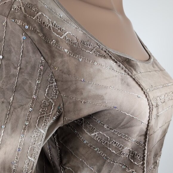 Nycal Tie Dye Blouse Sequin Embellished Mocha Scoop Neck 3/4 Sleeve Top - Picture 10 of 12